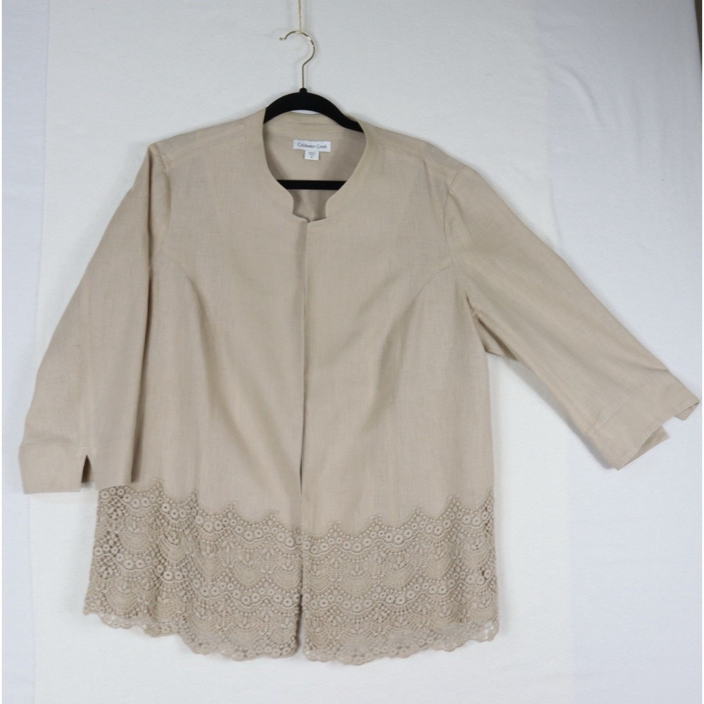Coldwater Creek Spring  Summer Jacket‎ Beige Linen Blend Lace Trim Boho Artsy 16